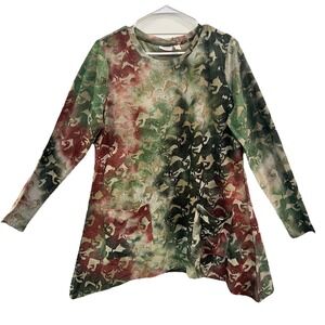 LOGO by Lori Goldstein Womens Large Knit Tie-Dyed Jacquard Long Sleeve Top Camo